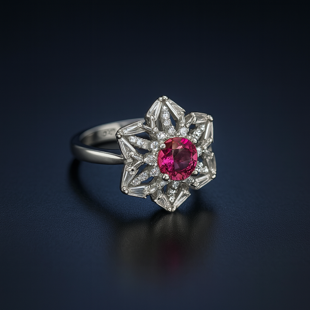 Crimson Amber Starburst Ring – Royal Red Gemstone Floral Diamond Luxury Design