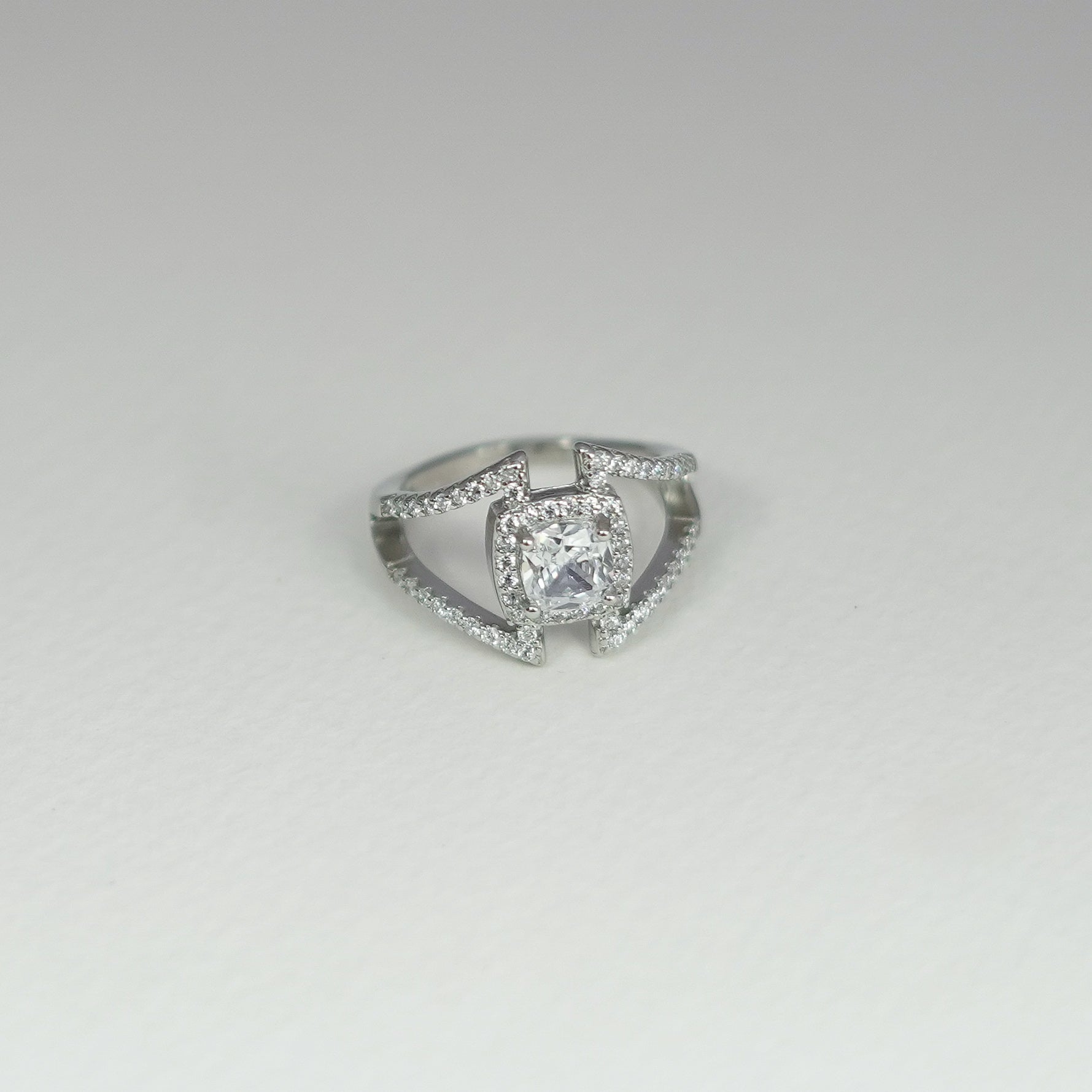 Cushion Citadel Solitaire Ring – Angular Split Frame Diamond Luxury Design