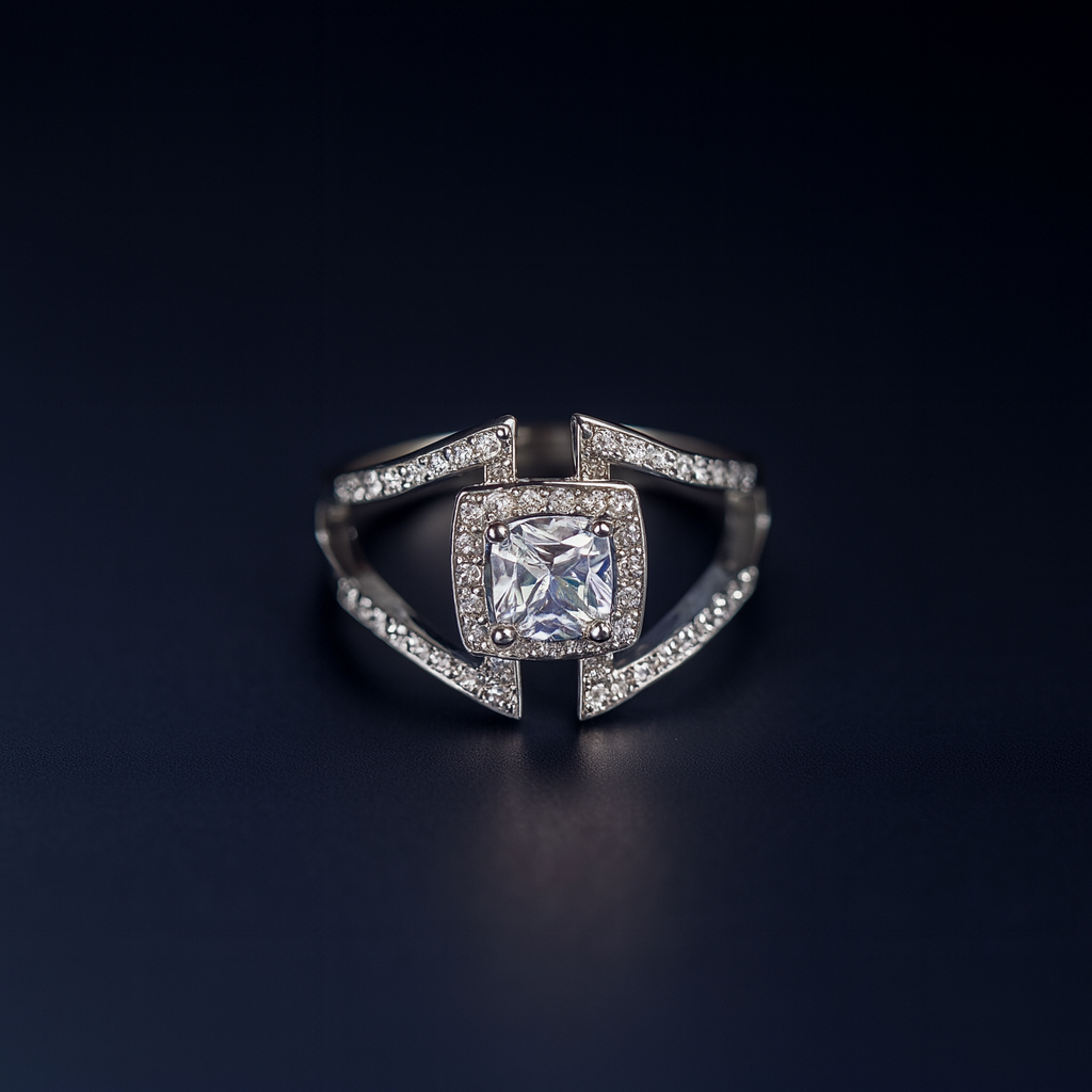 Cushion Citadel Solitaire Ring – Angular Split Frame Diamond Luxury Design