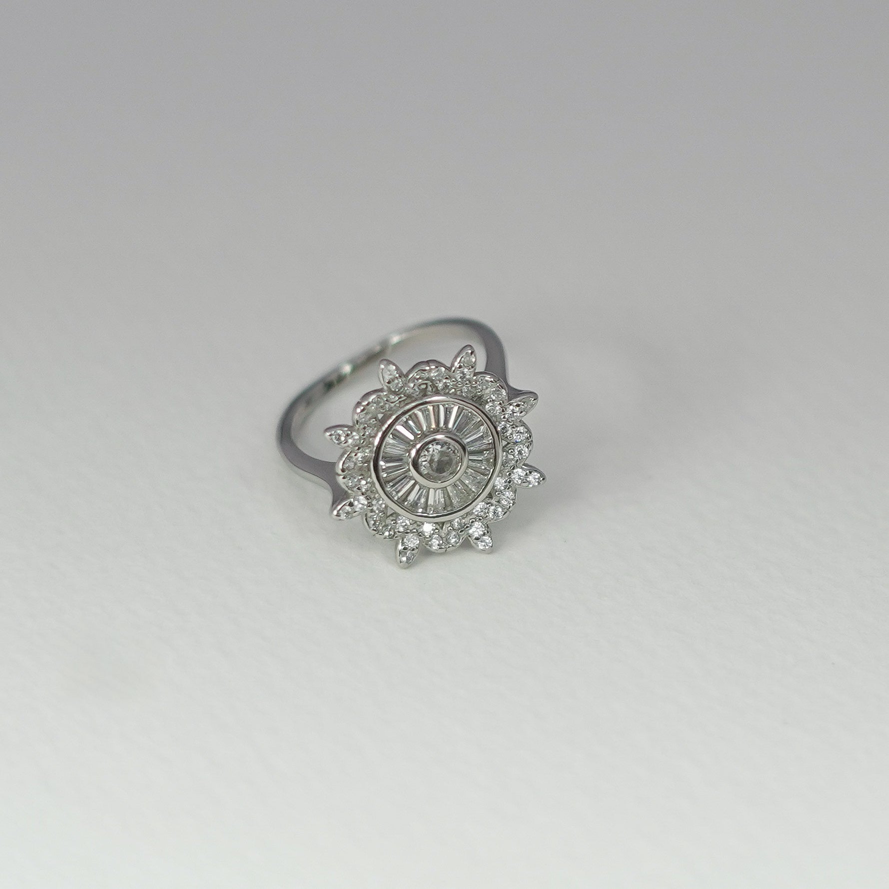 Deco Crown Halo Ring – Royal Baguette Sunburst Diamond Luxury Design