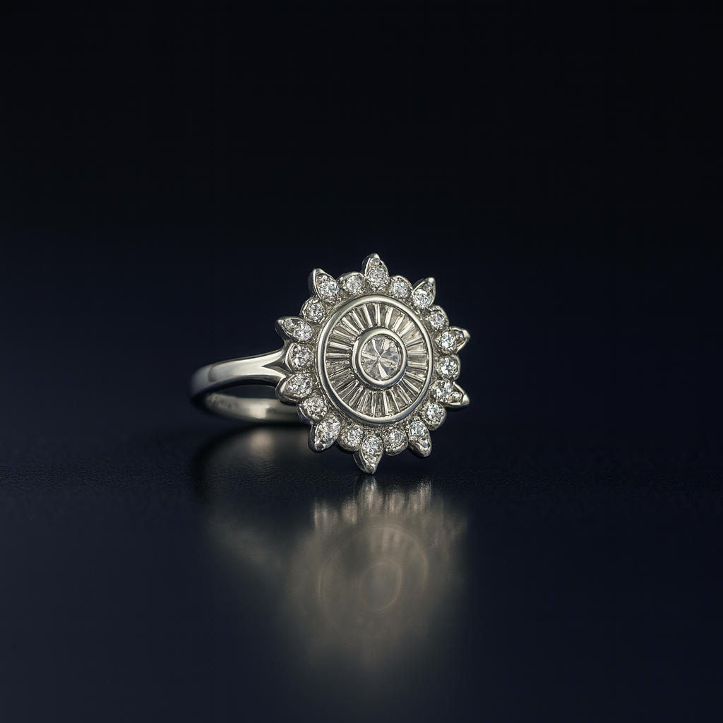 Deco Crown Halo Ring – Royal Baguette Sunburst Diamond Luxury Design