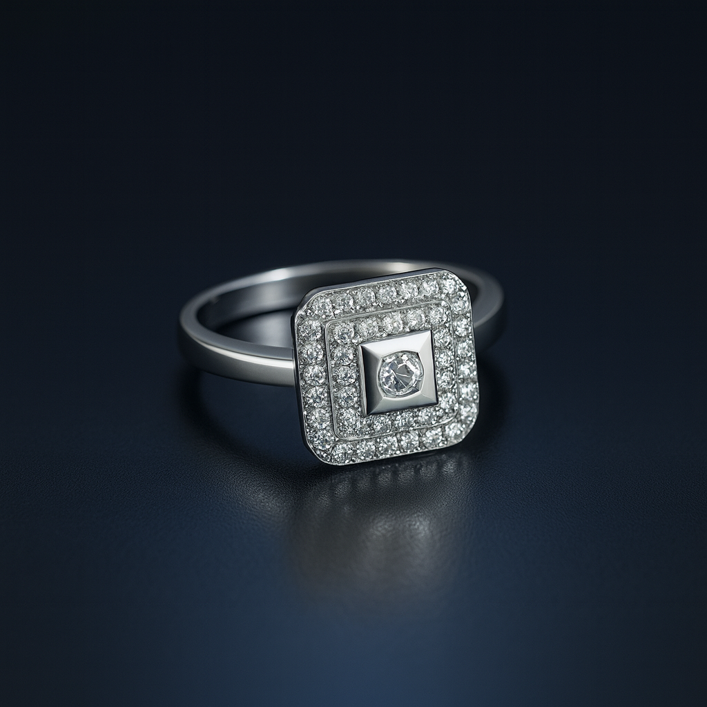 Empire Square Halo Solitaire Ring – Dual Layer Diamond Sparkle Luxury Design