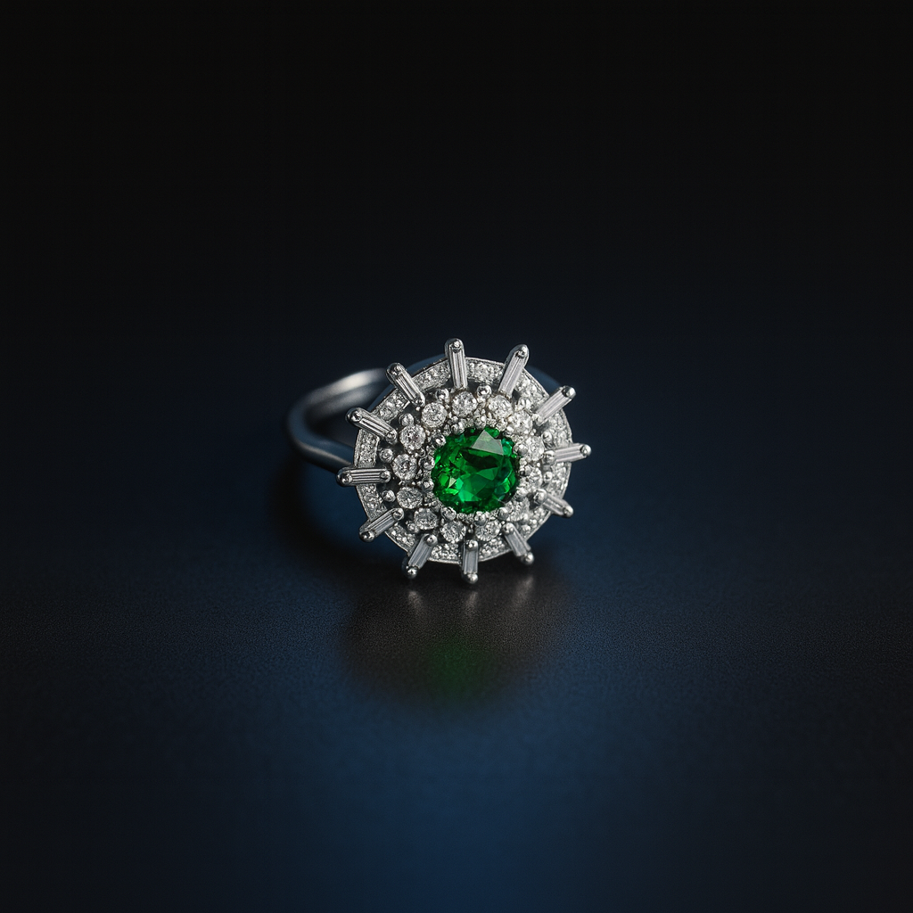 Emerald Starburst Halo Ring – Royal Green Gemstone Diamond Luxury Design