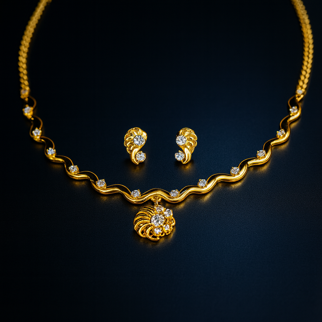 Golden Waves Necklace – Elegant Ripple Flow Diamond Sparkle Luxury Neckpiece