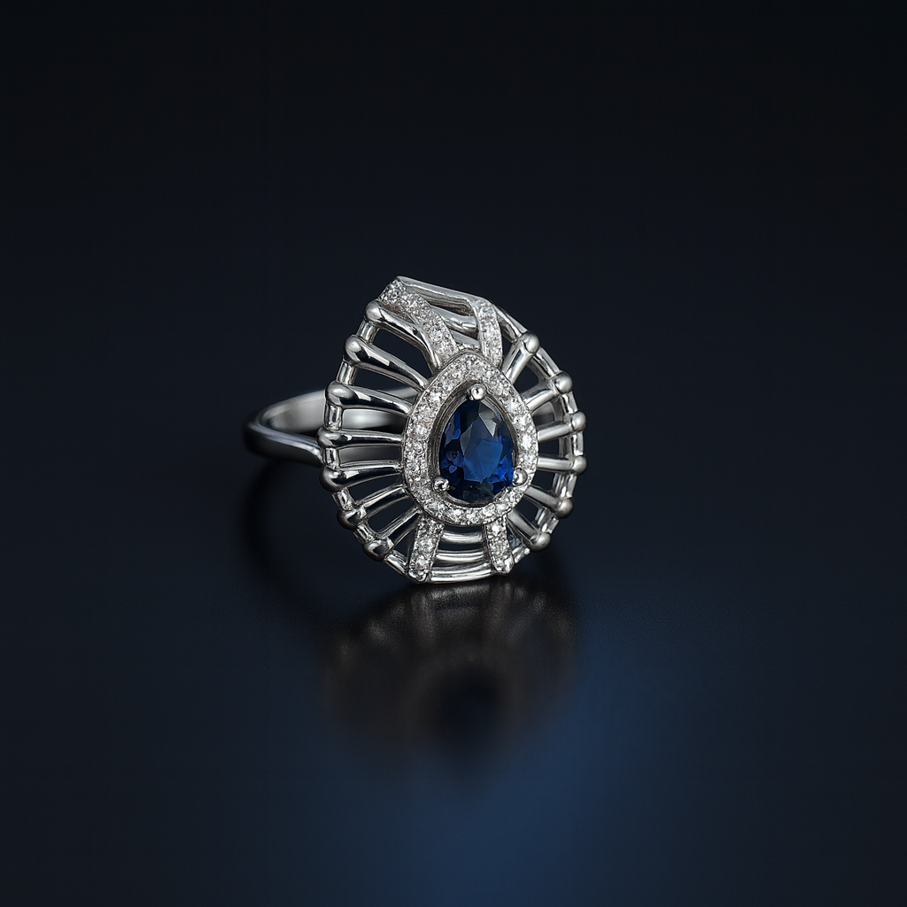 Midnight Ocean Peacock Ring – Royal Blue Teardrop Gemstone Diamond Luxury Design