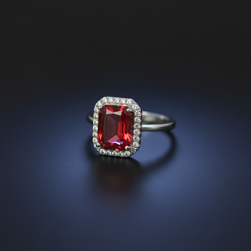 Ruby Empress Halo Silver Ring – Royal Red Gemstone Luxury Design