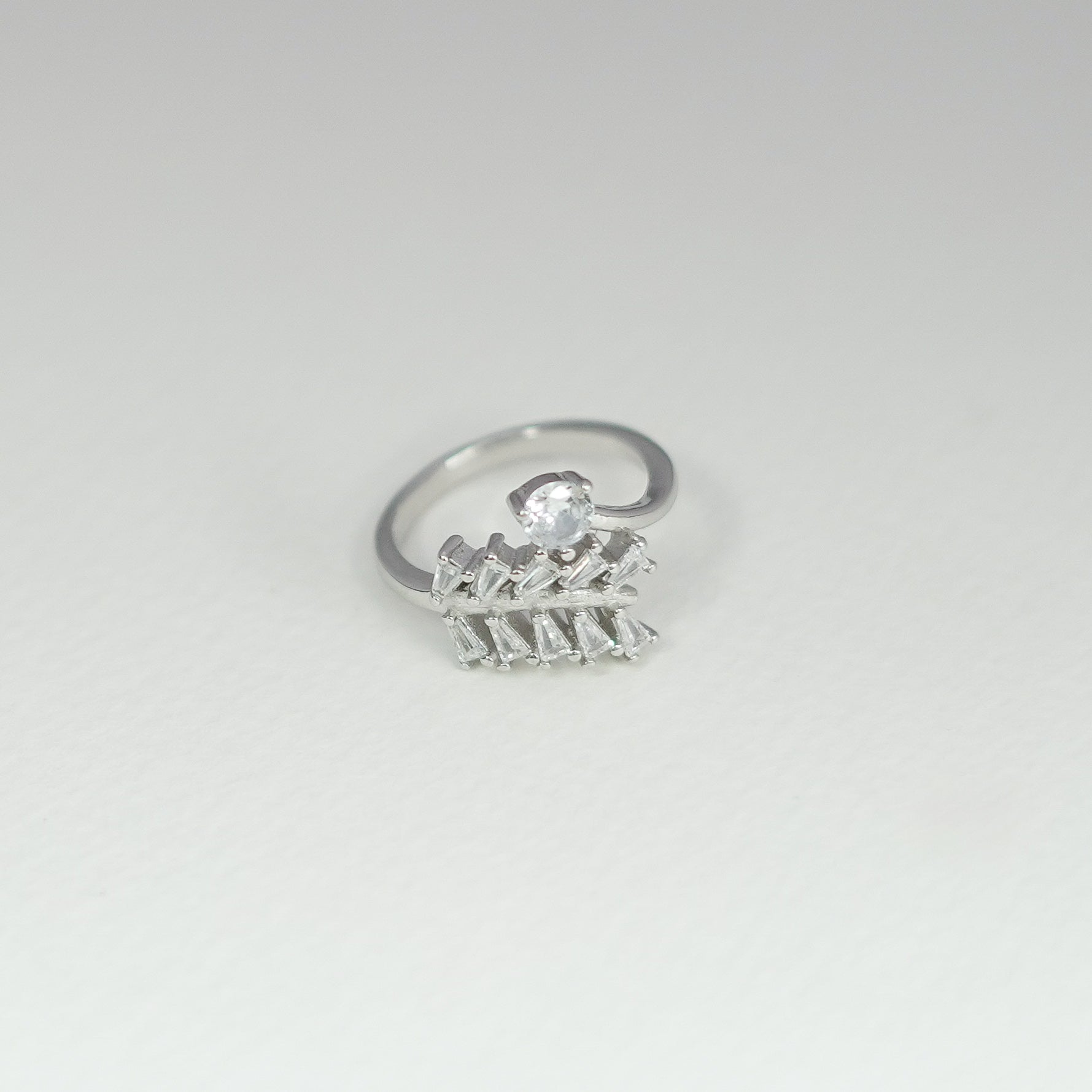 Silver Fern Frond Baguette Ring – Asymmetric Solitaire Luxury Design