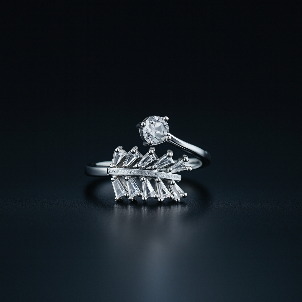 Silver Fern Frond Baguette Ring – Asymmetric Solitaire Luxury Design