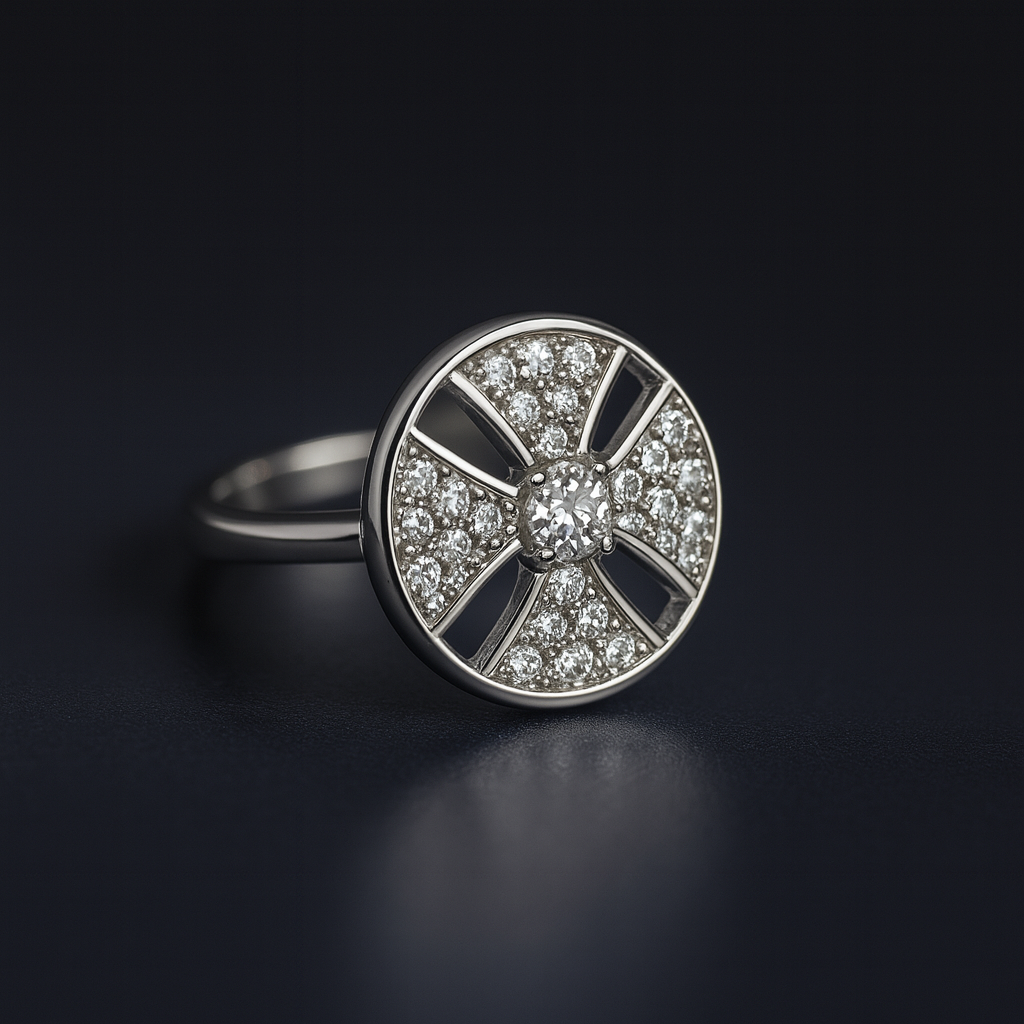 Silver Quadrant Radiance Ring – Modern Circle Disc Diamond Sparkle Design