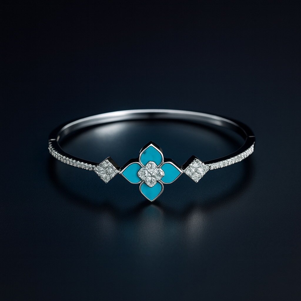 The Azure Quatrefoil Bangle – Blue Enamel Four-Petal Diamond Sparkle Luxury Cuff